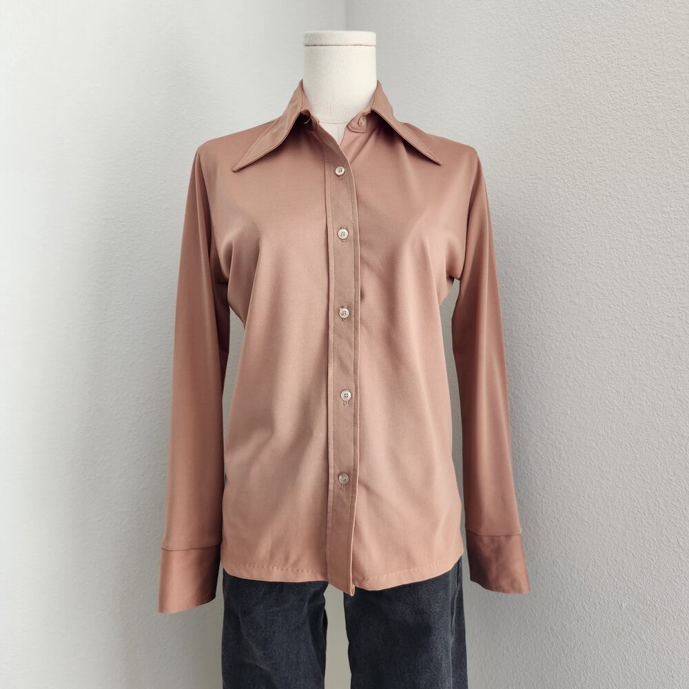 Vintage 70s City Slicks Tan Button Down Dagger Collared Blouse Long Sleeve S - Picture 2 of 8